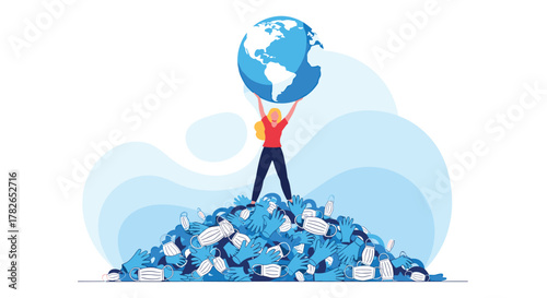 A person stands on a pile of social media posts holding up the earth.