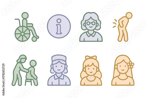 Pastel line art icons for elderly and healthcare themes