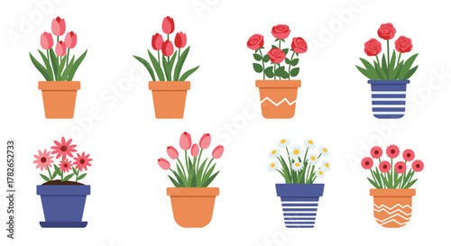 A vibrant collection of potted flowers in various arrangements and containers for garden decoration.