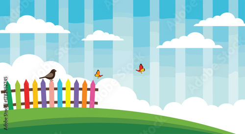 Chirping birds fly over a colorful fence on a sunny day.