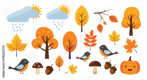 A collection of autumn themed illustrations featuring trees birds mushrooms acorns pumpkins and falling leaves.