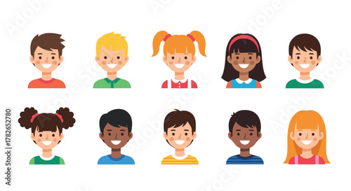 A diverse group of happy children with smiling faces and different hairstyles.