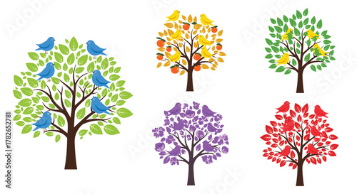 A collection of stylized trees with different colorful leaves and decorative elements like birds and fruit for design purposes.