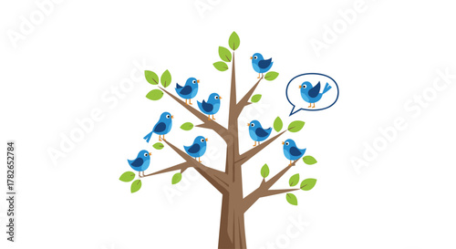 A whimsical illustration of several blue birds perched on the branches of a leafy tree with one bird in a speech bubble.