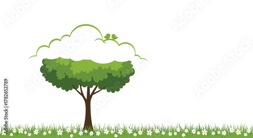 A vibrant green tree stands tall in a field of tiny white flowers under a bright sky.