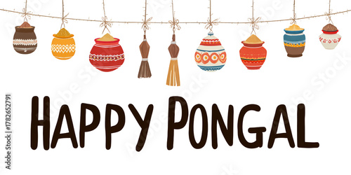 Colorful Decoration Celebrating the Pongal Festival With Traditional Pots and...