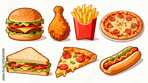 Fast food, hamburgers, French fries, fried chicken, hot dogs, sandwiches, soda, pizza, chicken legs, tacos, chicken rolls, cartoon hand-drawn vector illustrations