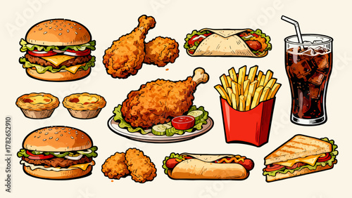 Fast food, hamburgers, French fries, fried chicken, hot dogs, sandwiches, soda, pizza, chicken legs, tacos, chicken rolls, cartoon hand-drawn vector illustrations