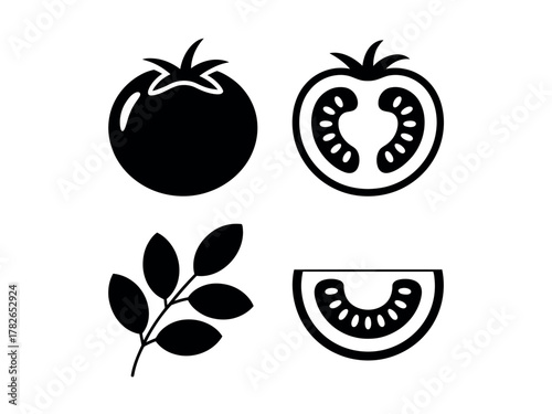 A collection of stylized tomato icons, including a whole tomato, a halved tomato, a tomato slice, and tomato leaves.