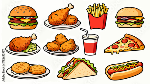 Fast food, hamburgers, French fries, fried chicken, hot dogs, sandwiches, soda, pizza, chicken legs, tacos, chicken rolls, cartoon hand-drawn vector illustrations