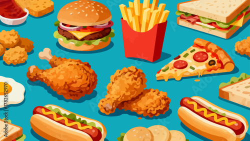Fast food, hamburgers, French fries, fried chicken, hot dogs, sandwiches, soda, pizza, chicken legs, tacos, chicken rolls, cartoon hand-drawn vector illustrations