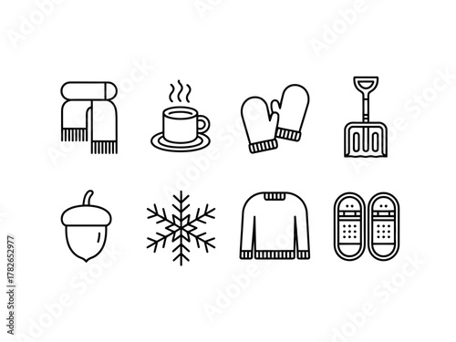 Winter-themed icons including a scarf, hot drink, mittens, shovel, acorn, snowflake, sweater, and slippers are presented in a simple line art style.