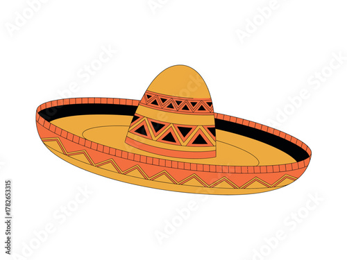 A colorful sombrero hat with a wide brim and decorative patterns on its crown.