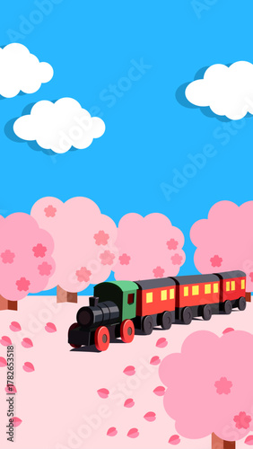 おもちゃの機関車桜背景