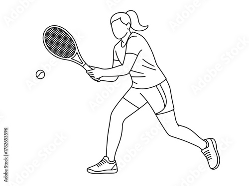 A person plays tennis, swinging a racket to hit a ball during a match.