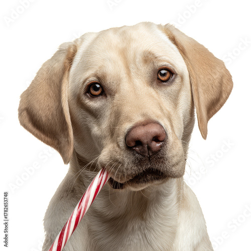 Happy Labrador Retriever Holding a Candy Cane With Joyful Expression During H...