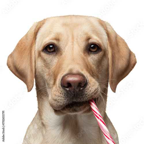 Labrador Holds a Candy Cane in Its Mouth While Looking Curiously at the Camera