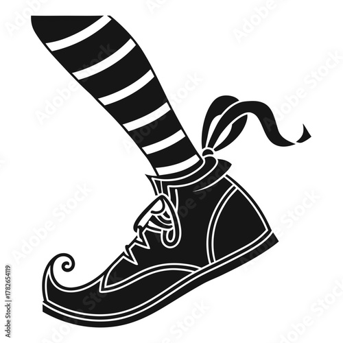 Black Silhouette Of A Striped Sock And Elf Shoe With Curly Toe black and white
