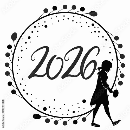 Woman walking within a floral wreath with the year 2026 new year person