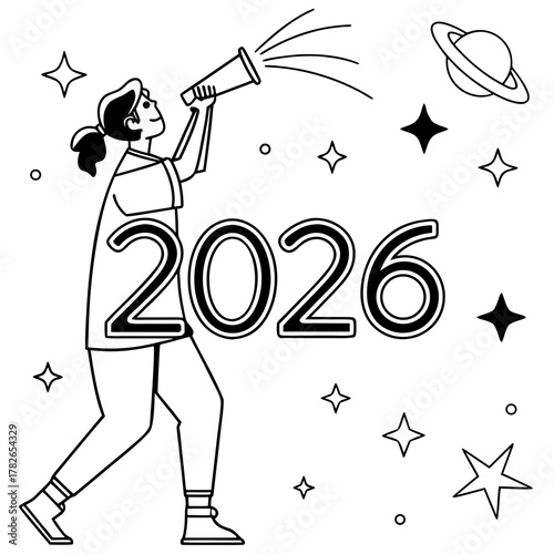 Woman with megaphone and planet celebrating the year 2026 in space new year person
