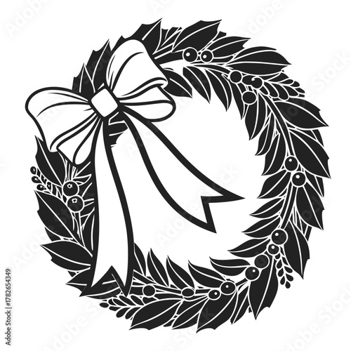 Black and white illustration of a Christmas wreath with a bow holly berries