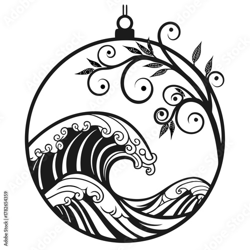 Stylized Wave and Tree Branch within a Circle Ornament ocean water