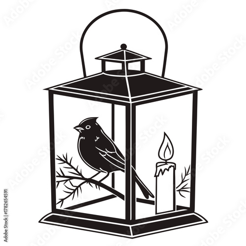 Bird Perched on Branch Inside Lantern with Candle flame