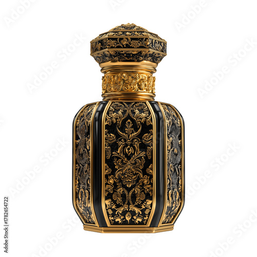 Elegant Ornate Perfume Bottle With Intricate Patterns and Luxurious Gold Accents