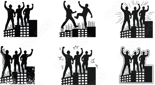Construction building silhouette, three workers raising fists, unity illustration, black and white drawing, protest, solidarity, teamwork, architecture, victory, industrial site