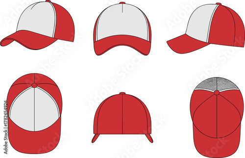 Baseball cap, trucker hat, fashion accessory, red and white cap design, vector template, sportswear mockup, headwear illustration, branding element, editable vector