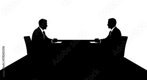 Silhouettes of two businessmen in suits seated at a table, facing each other against a white background