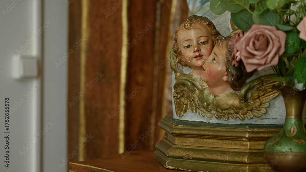 Fototapeta premium Cherubic sculpture adorned with roses in an ornate vase against a church's wooden wall captures a tranquil and sacred indoor ambiance.
