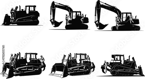 Construction equipment illustration, bulldozer, excavator, heavy machinery, workers interaction, black and white drawing, industrial site, engineering, safety training, construction industry