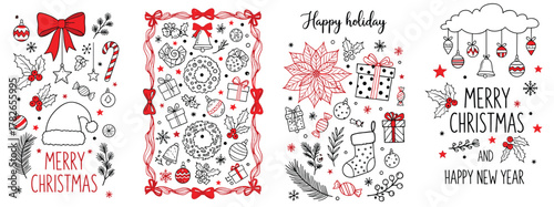 Set of charming hand-drawn holiday doodles, perfect for Christmas and New Year celebrations, featuring festive decorations, traditional symbols, and seasonal greetings