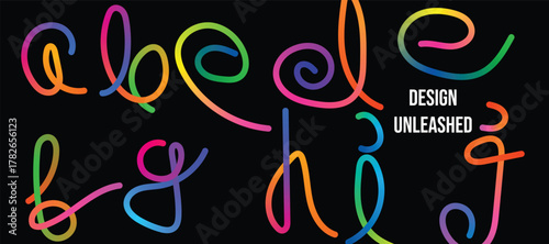 Vibrant swirling rainbow alphabet letters formed by glowing neon lines on a dark background