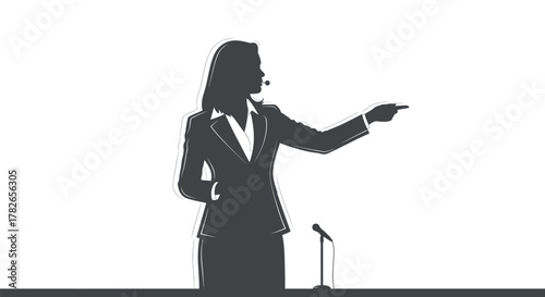 Silhouette of a professional woman in a suit, wearing a headset, pointing, next to a podium microphone