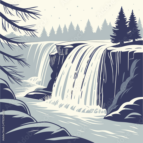 A majestic waterfall cascading down rocks amidst a forest landscape in blue tones