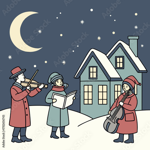 A group of musicians playing christmas carols under the moonlight night