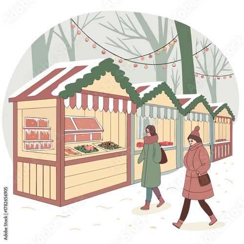 Christmas market with people walking around stalls in winter illustration