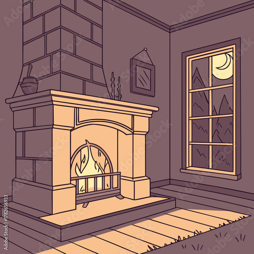 Cozy fireplace scene with moonlit window and warm, inviting atmosphere