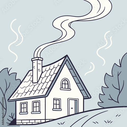 Illustration of a cozy house with smoke coming out of the chimney