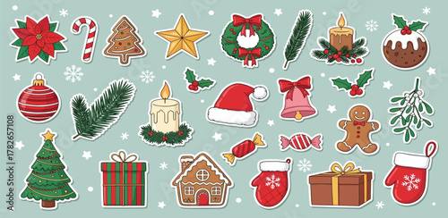 Festive Christmas icons and illustrations for holiday decorations and design elements