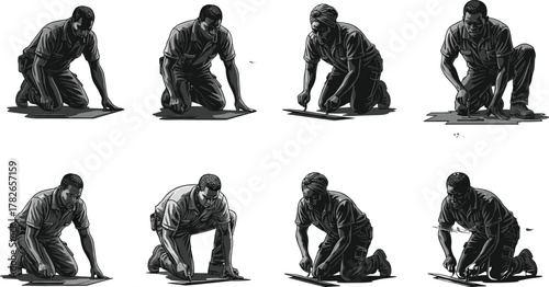 Construction worker silhouette, kneeling position, blueprint inspection, black and white illustration, manual labor, safety gear, industrial site, engineering, planning, architecture