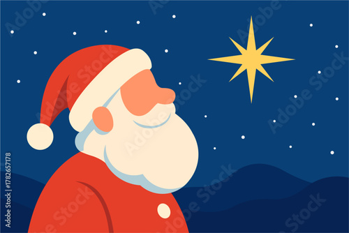 Santa Claus Looking at the Shining Star in the Night Sky – Modern Flat Design Illustration