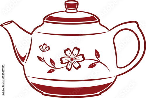 Traditional teapot illustration, floral decorative design, red vector art, symmetrical kitchenware drawing, cultural tea pot artwork, vintage style beverage container