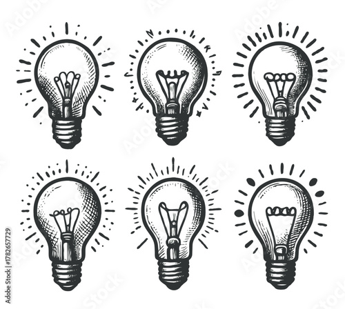 Minimalist Black And White Glowing Light Bulbs Collection, Symbol Bright Idea Lightbulb Line art. Illustration Energy power electricity Outline illumination Hand Drawn Doodle Simple icons drawing