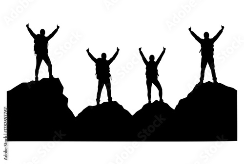Set of four successful hiker silhouettes with backpacks celebrating on mountain tops