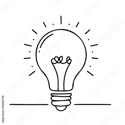 Minimalist Black And White Glowing Light Bulbs Collection, Symbol Bright Idea Lightbulb Line art. Illustration Energy power electricity Outline illumination Hand Drawn Doodle Simple icons drawing