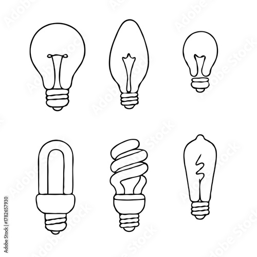 Minimalist Black And White Glowing Light Bulbs Collection, Symbol Bright Idea Lightbulb Line art. Illustration Energy power electricity Outline illumination Hand Drawn Doodle Simple icons drawing