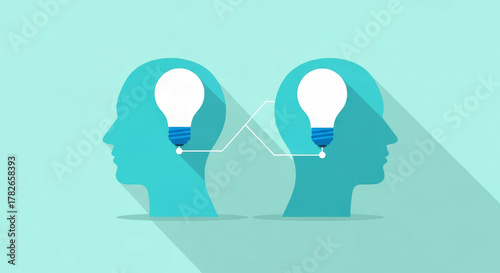 Two head silhouettes with light bulbs connected by lines on a light blue background design idea